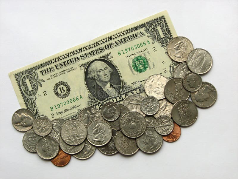 Un dollaro e monete, soldi, valuta di U.S.A. fotografia stock libera da diritti Un dollaro e monete, soldi, valuta di U.S.A. fotografia stock libera da diritti