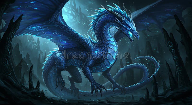 Un dragon albastru maiestuos cu solzi luminescente stă într-un peisaj stâncocos închis royalty free illustration