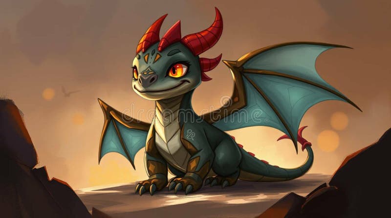 Un dragon de desen animat stă cu încredere într-o leagăn stâncos împotriva unui călduros stock illustration