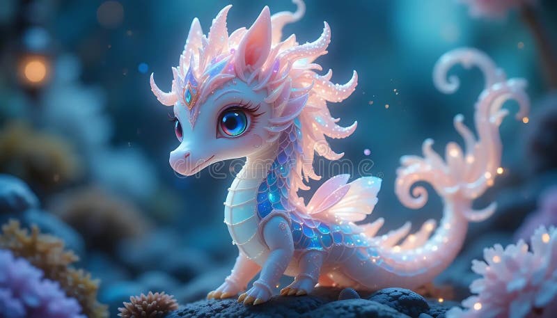 Un dragon fantastic capricios cu ochi albaștri mari stă pe teren stâncos. Este vector illustration
