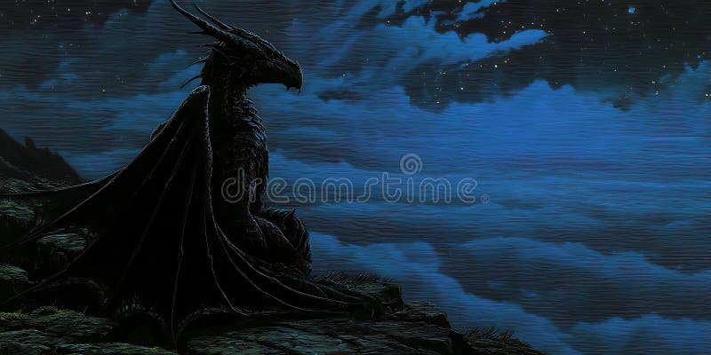Un dragon maiestuos este cocoțat pe o stâncă stâncoasă sub un cer înstelat de noapte. vector illustration
