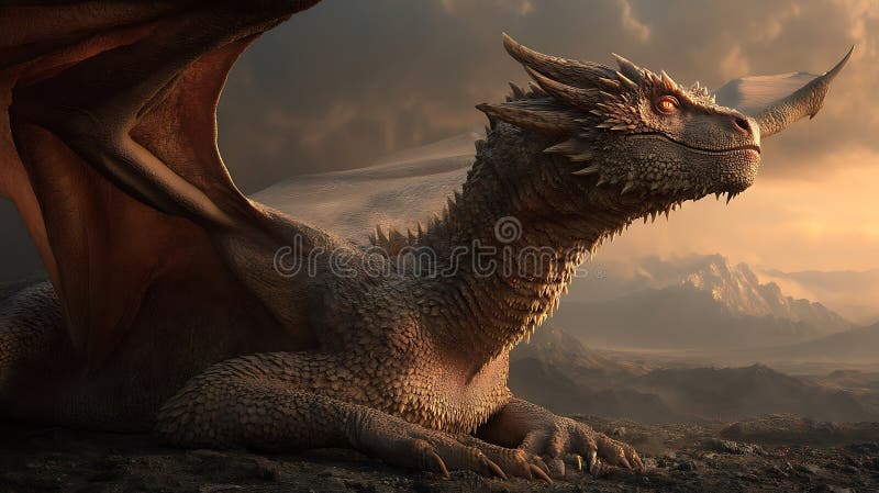 Un dragon maiestuos este reprezentat pe un teren stâncos cu un cer dramatic în vector illustration