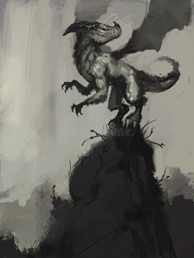 Un dragon mic, alb-negru, cu pictură digitală, gravat pe un peisaj stâncos, cu o ilustrare a fanteziei digitale royalty free illustration