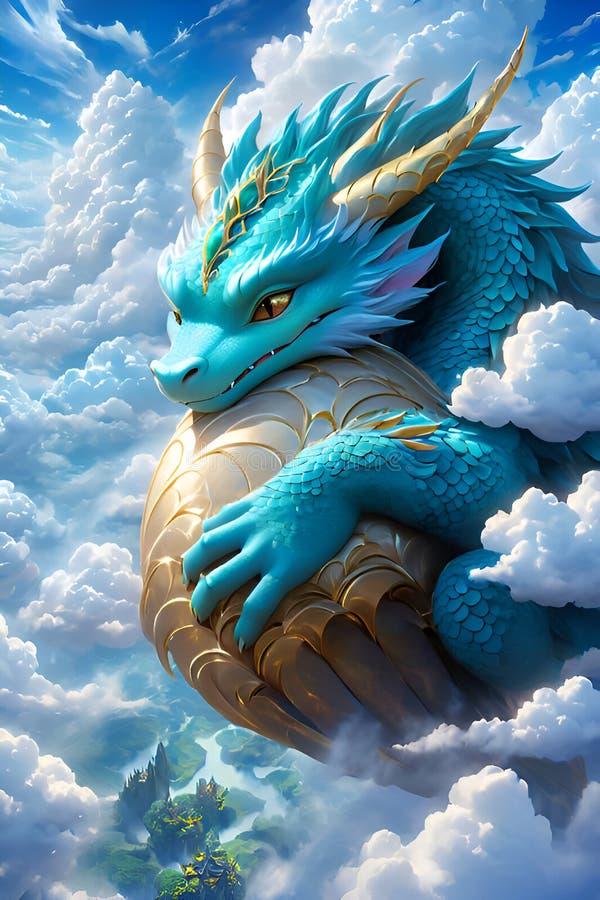 Un dragon mignon et charmant dans l'art de l'anime numérique dormir sur les nuages fluffy beau fantasy animal mythique image stock