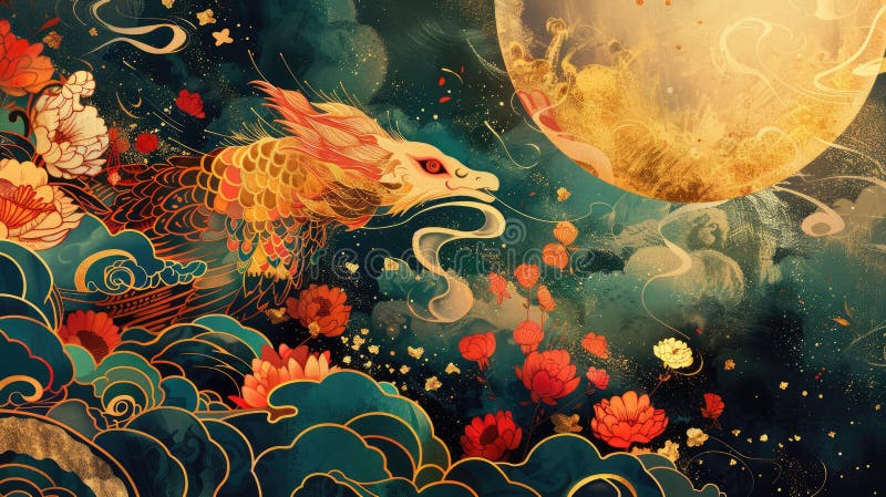 Un dragon mitic alunecă grațios prin nori colorați înconjurați de vânturi și flori înfloritoare sub un radiant royalty free illustration