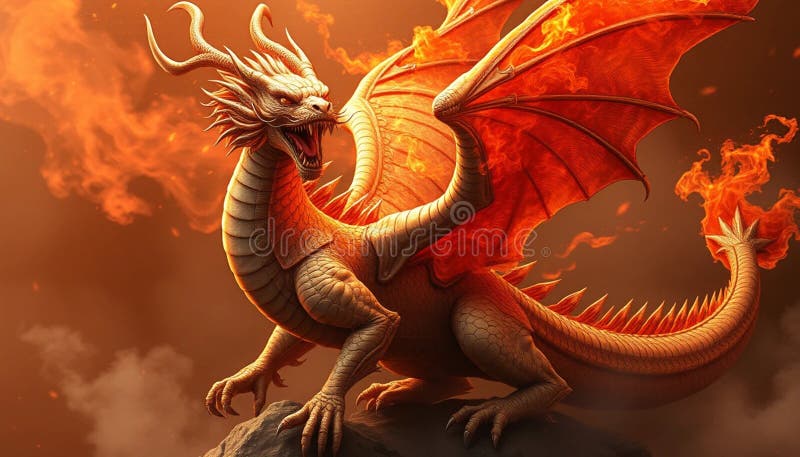 Un dragon mitic care respiră foc cu solzi roșii și portocalii stă pe o stâncă royalty free illustration