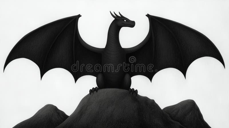 Un dragon negru maiestuos cocoțat deasupra unui munte stâncos simbolizând puterea și misterul royalty free illustration