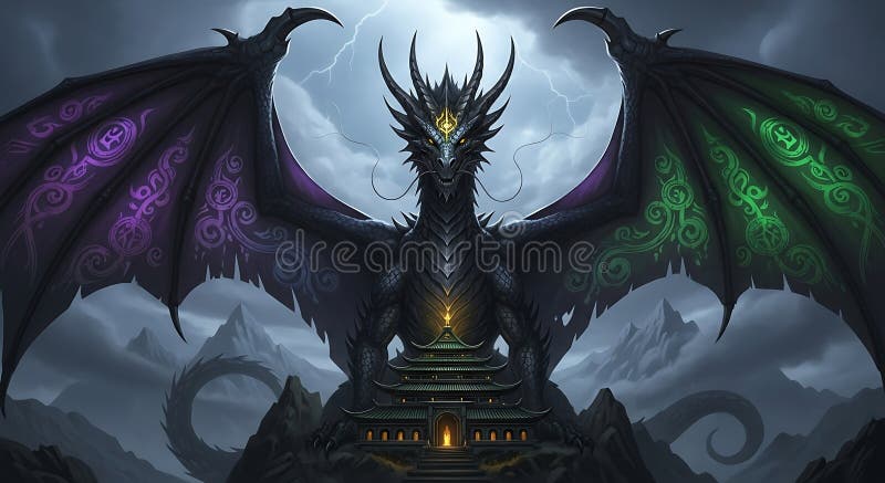 Un dragon negru maiestuos se află deasupra unei aripi de munte răspândite pe scară largă afișând royalty free illustration