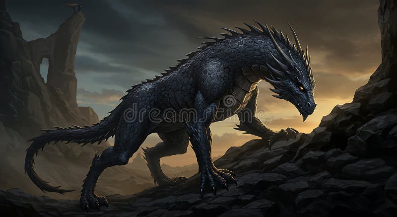 Un dragon negru mitic urcă pe un teren stâncos scăldat în strălucirea unei întunecate vector illustration