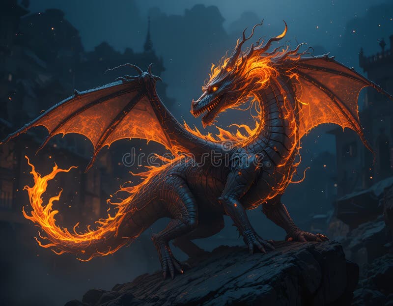 Un dragon puternic stă pe un afloriment stâncos luminat de o strălucire de foc vector illustration