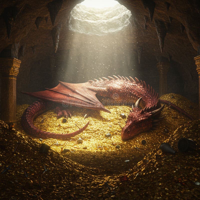 Un dragon roșu se odihnește deasupra unei grămezi mari de monede de aur într-o peșteră stâncoasă. Lumină solară royalty free illustration