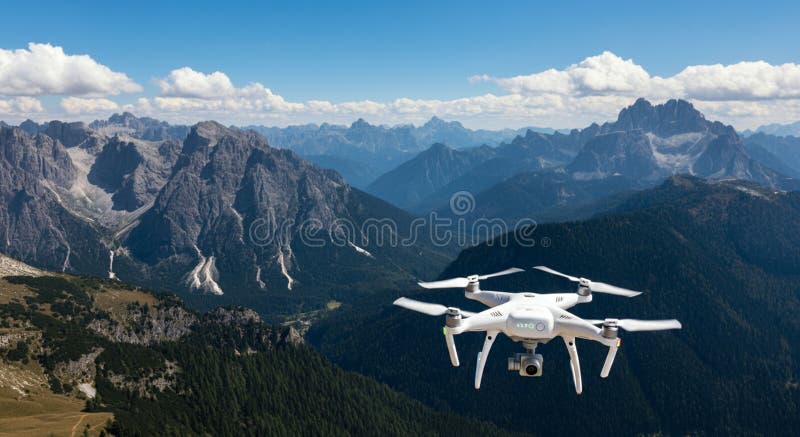 Un drone bianco solleva in primo piano contro uno sfondo di robuste imbavagliate illustrazione vettoriale