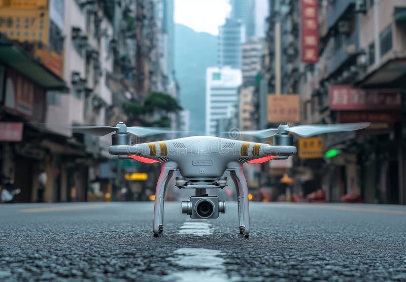 Un drone bianco in via Wet City tra edifici alti royalty illustrazione gratis