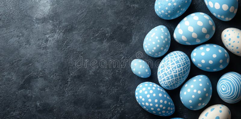 Un décor bleu foncé avec des oeufs de Pâques et des décorations offrant un espace libre pour le texte et les salutations. IA générée