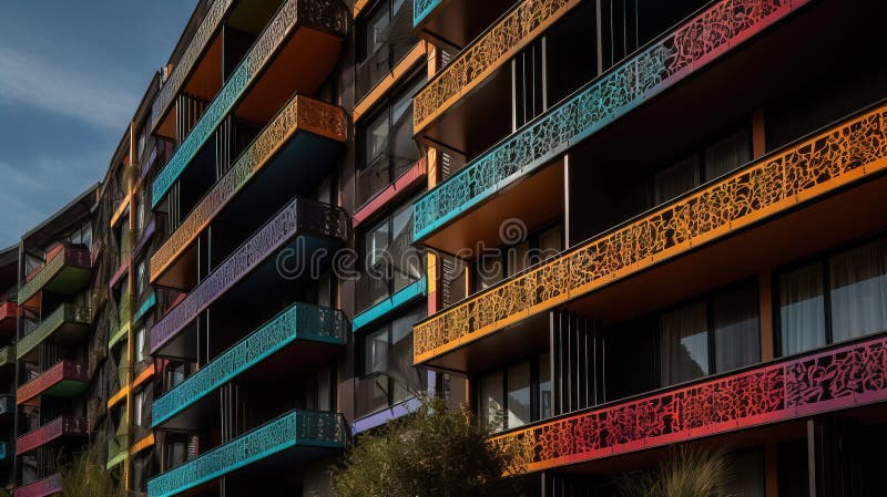 Un edificio multicolore con balconi e balconi sui balconi e sui balconi sui balconi sui balconi dei balconi illustrazione di stock