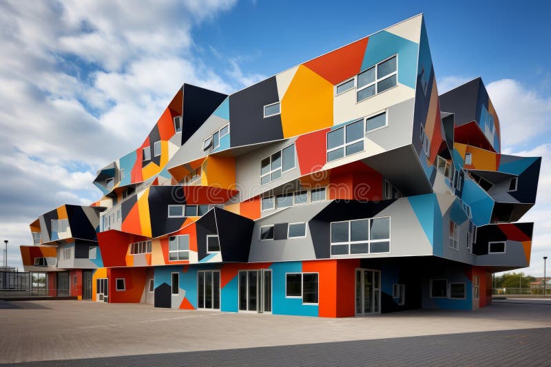 Un edificio multicolore con più livelli di finestre e finestre illustrazione di stock