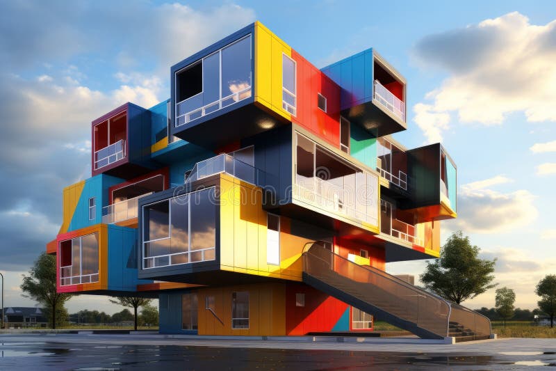 Un edificio multicolore con scale e finestre illustrazione vettoriale