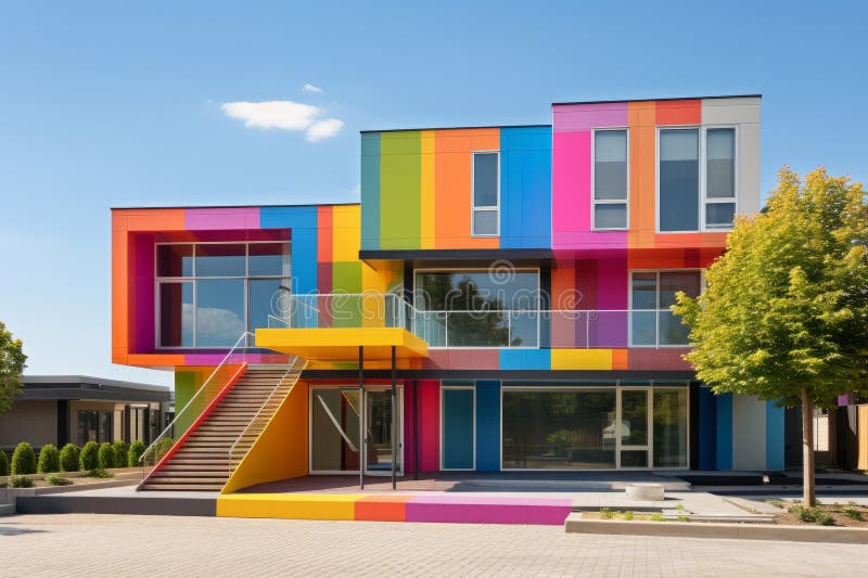 Un edificio multicolore con una scala che la porta illustrazione di stock
