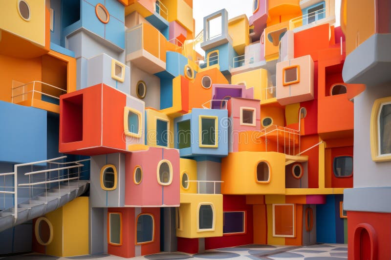 Un edificio multicolore con una scala davanti illustrazione di stock