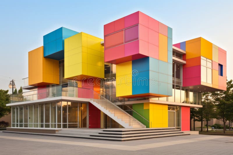 Un edificio multicolore con una scala davanti illustrazione vettoriale