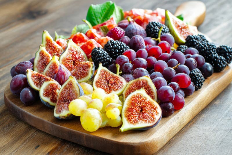 Un elegante cartone da cucina mostra una colorata assortimento di fichi d'uva e di frutti di bosco freschi perfetta per le riunion fotografia stock