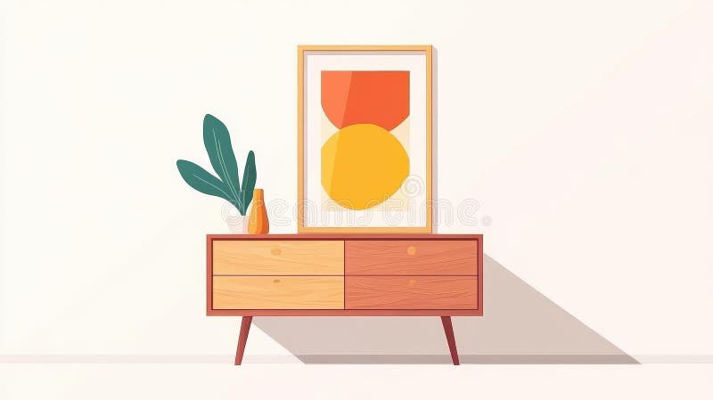 Un elegante cassetto di legno di metà secolo migliora il moderno salotto integrato da una cornice d'arte vibrante illustrazione di stock