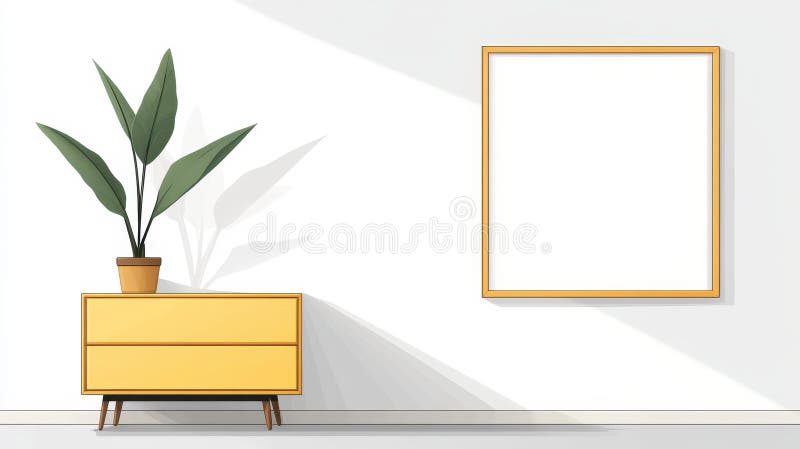 Un elegante cassetto di legno di metà secolo migliora il moderno salotto integrato da una cornice d'arte vibrante illustrazione di stock