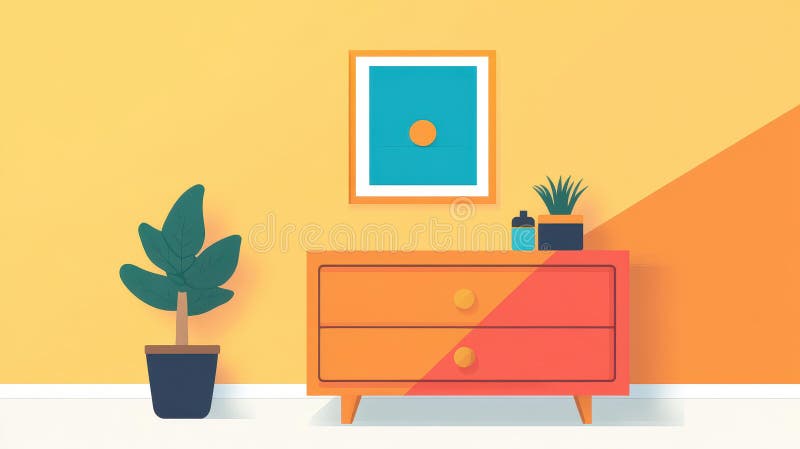 Un elegante cassetto di legno di metà secolo migliora il moderno salotto integrato da una cornice d'arte vibrante illustrazione di stock