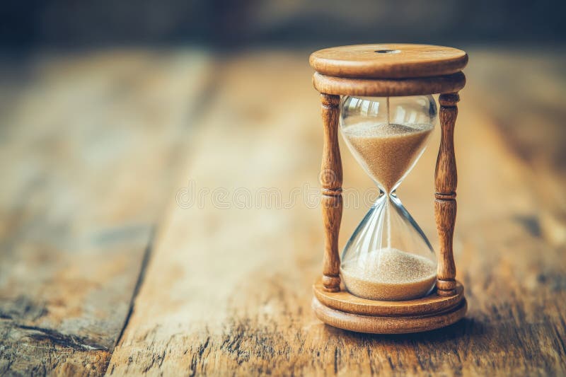 Un'elegante clessidra di legno è ben seduta su un tavolo di legno. Una clessidra di legno realizzata in modo elegante è posizionata elegantemente su un rustico tavolo di legno creando un attraente effetto visivo generato dall'aria
