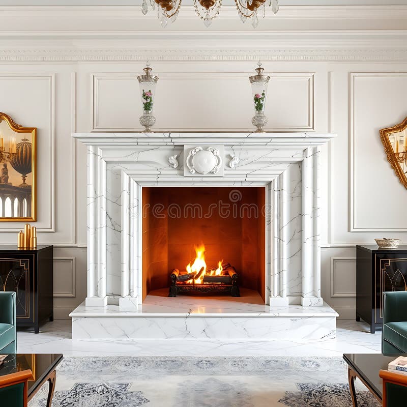 Un elegante mantel in camino in marmo in un grande salotto ornato da vasi di cristallo e da un fuoco caldo illustrazione vettoriale