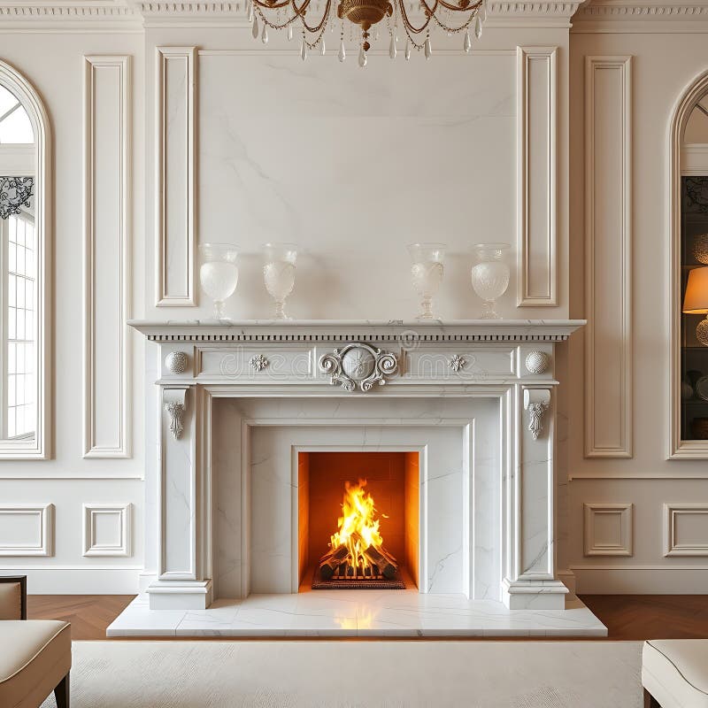 Un elegante mantel in camino in marmo in un grande salotto ornato da vasi di cristallo e da un fuoco caldo illustrazione vettoriale