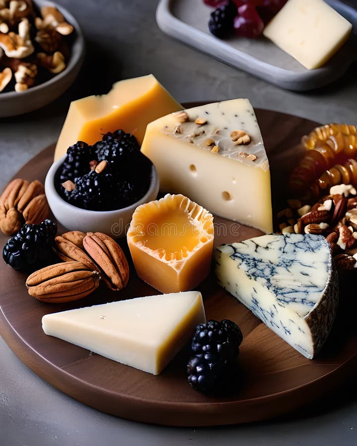 Un'elegante piastra di formaggio con una selezione di formaggi artigianali a base di frutta secca e di fava. royalty illustrazione gratis