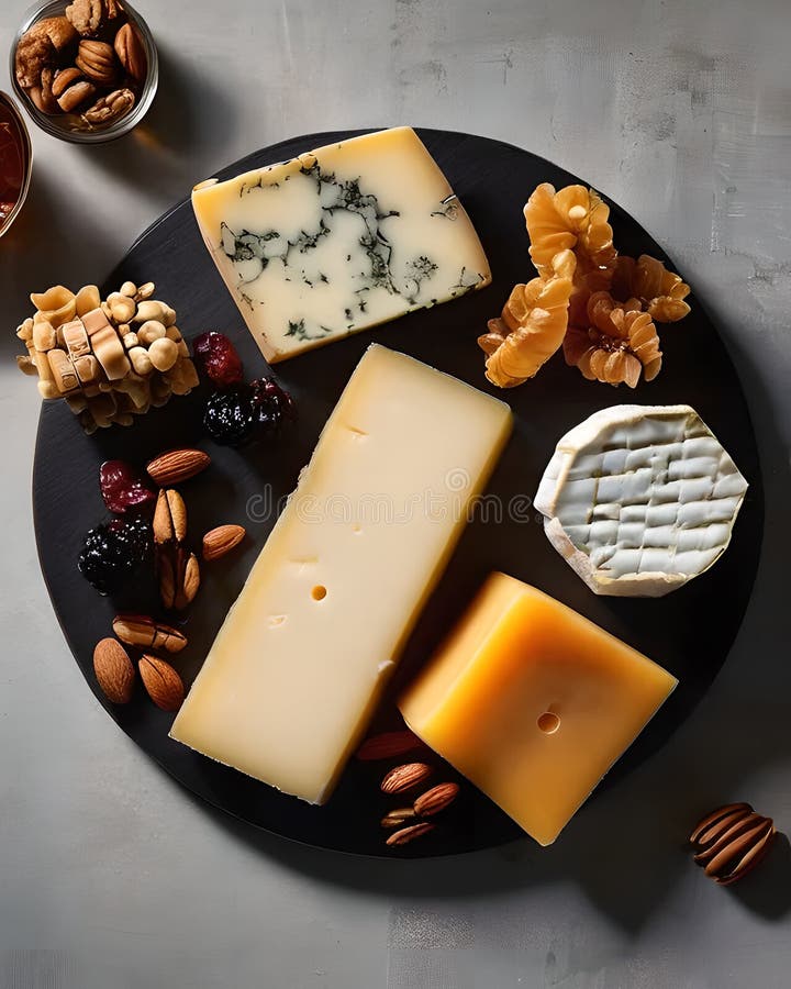 Un'elegante piastra di formaggio con una selezione di formaggi artigianali a base di frutta secca e di fava. illustrazione di stock