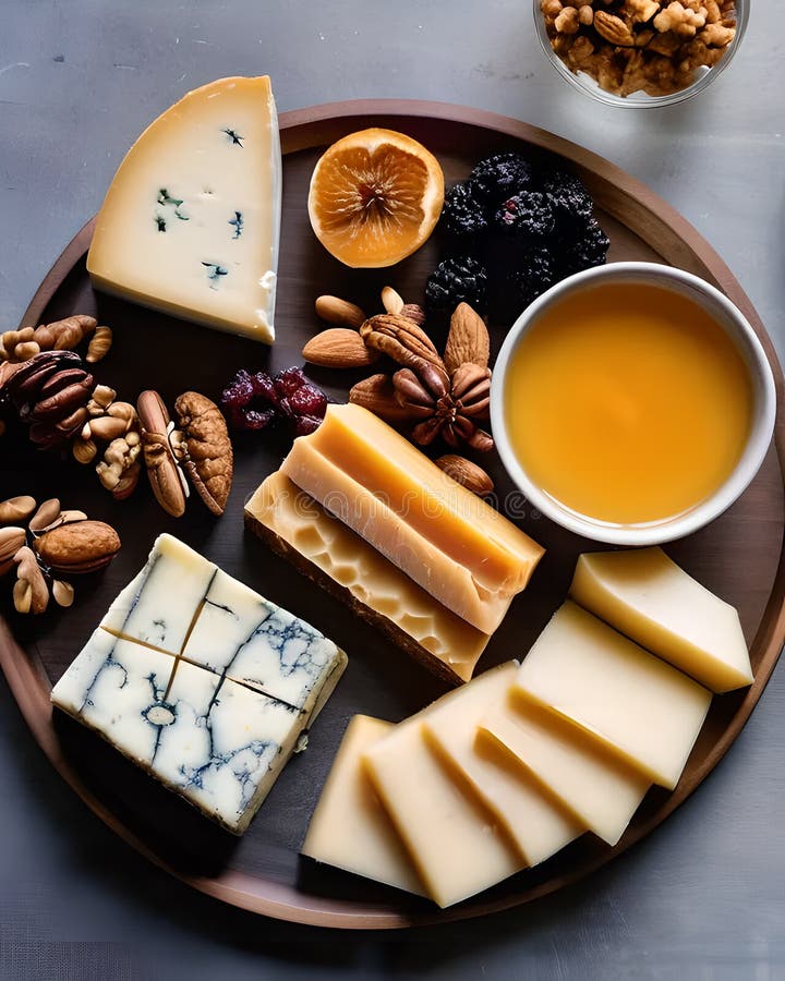 Un'elegante piastra di formaggio con una selezione di formaggi artigianali a base di frutta secca e di fava. royalty illustrazione gratis