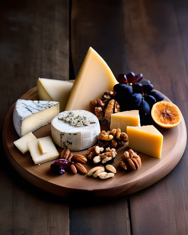Un'elegante piastra di formaggio con una selezione di formaggi artigianali a base di frutta secca e di fava. royalty illustrazione gratis