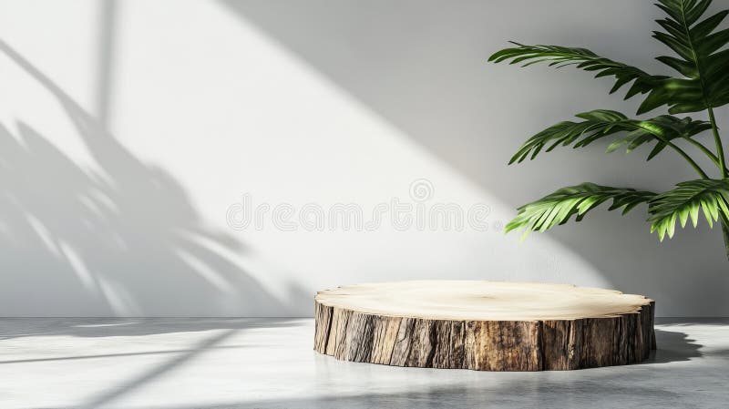 Un elegante podio de losas de madera acentuado por el verde y suavizado por las sombras que resaltan la belleza de imagenes de archivo