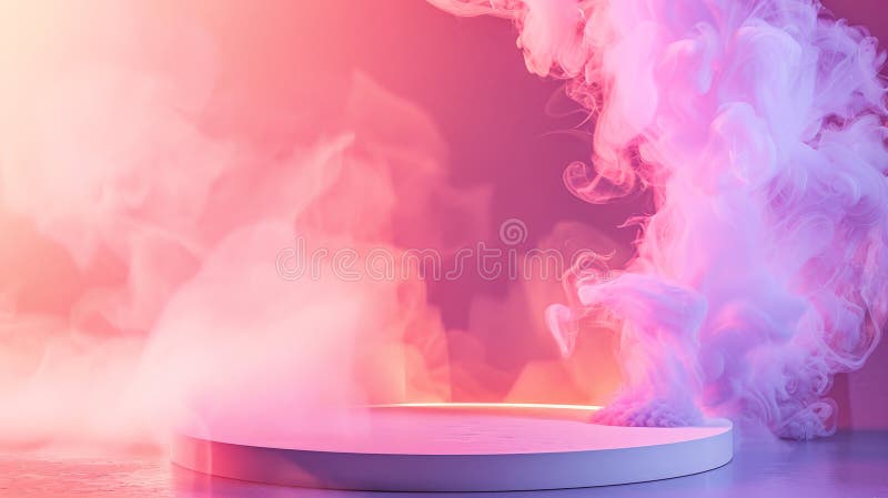 Un elegante podio è messo su uno sfondo di beffa con una cornice di fumo che si arriccia graziosamente. fotografia stock libera da diritti