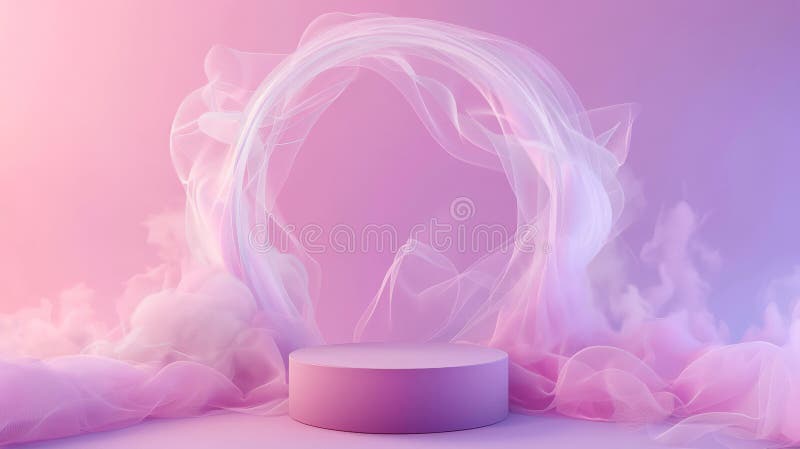 Un elegante podio è messo su uno sfondo di beffa con una cornice di fumo che si arriccia graziosamente. immagine stock