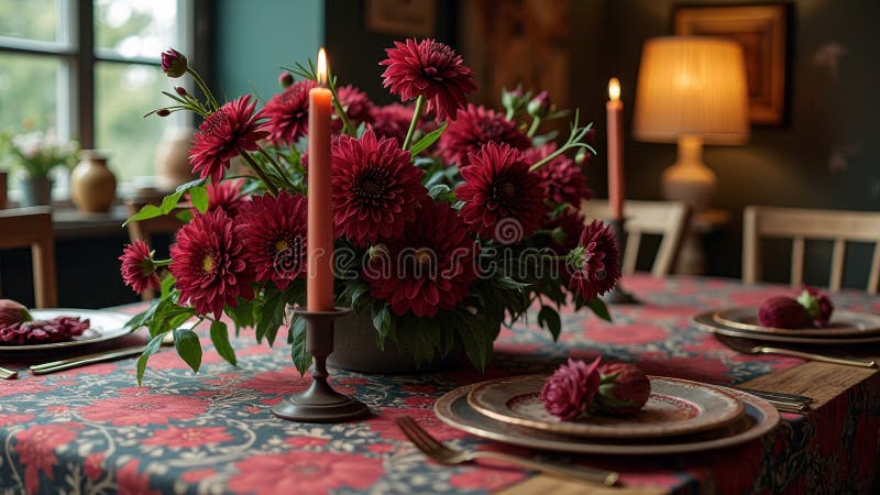 Un elegante tavolo autunnale con fiori rossi e candele in una sala da pranzo accogliente illustrazione di stock