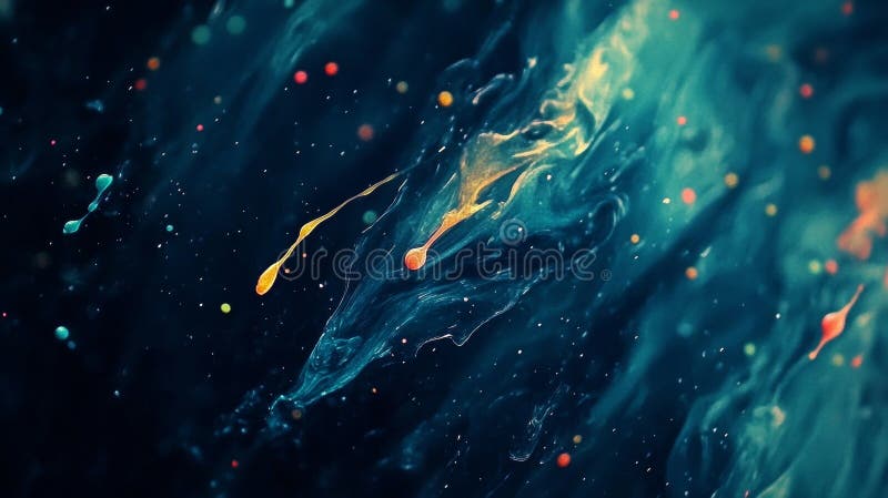 Un element de design abstract este format din culori vibrante stropite pe un fond întunecat, creând un efect texturat. AI generat