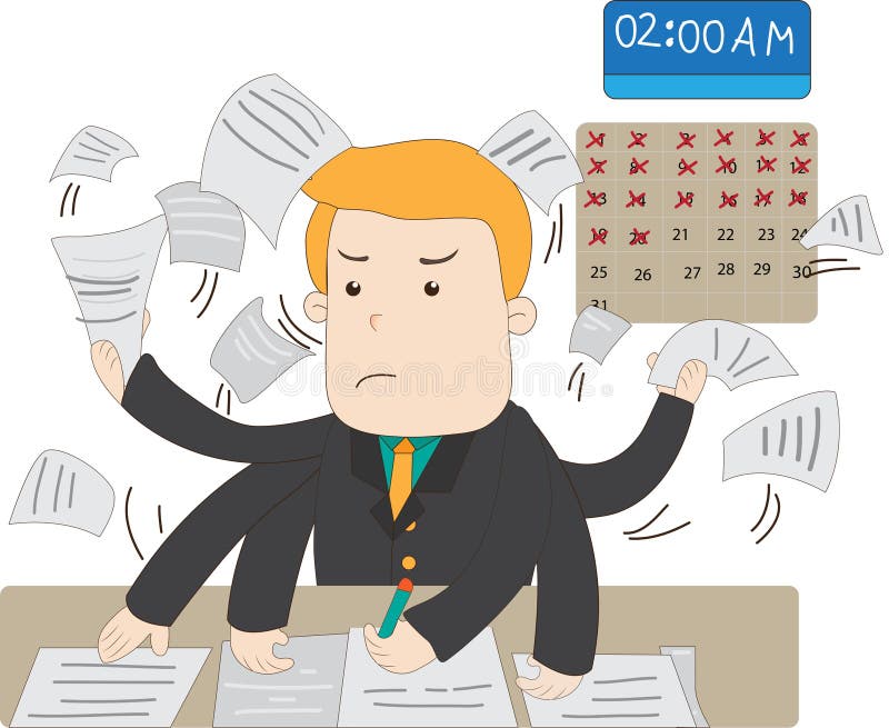 A cartoon salary office worker is busy working overtime with huge workload on his hands with stress expression and the deadline is near, create by vector. A cartoon salary office worker is busy working overtime with huge workload on his hands with stress expression and the deadline is near, create by vector