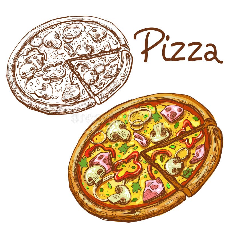 Un ensemble d'illustrations de vecteur de la pizza italienne ronde entière et de la tranche illustration stock Un ensemble d'illustrations de vecteur de la pizza italienne ronde entière et de la tranche illustration stock