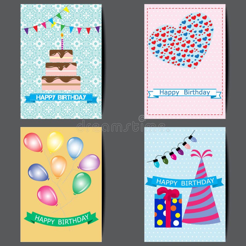 Un ensemble de cartes de voeux, design de carte coloré de joyeux anniversaire illustration libre de droits Un ensemble de cartes de voeux, design de carte coloré de joyeux anniversaire illustration libre de droits