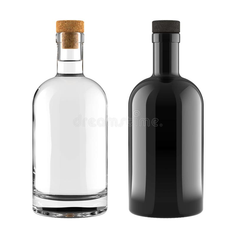 A Set of Clear Glass and Black Bottles for Whiskey, Vodka, Gin, Rum, Liquor or Tequila Bottle for Accurate Work with Light and Shadows. 3D Render Isolated on White Background. A Set of Clear Glass and Black Bottles for Whiskey, Vodka, Gin, Rum, Liquor or Tequila Bottle for Accurate Work with Light and Shadows. 3D Render Isolated on White Background