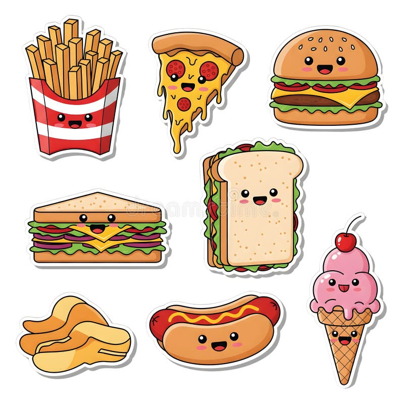 Un ensemble vectoriel isolé d'autocollants de cuisine rapide de dessin animé dans le style de l'image de référence fournie. Foncti illustration de vecteur
