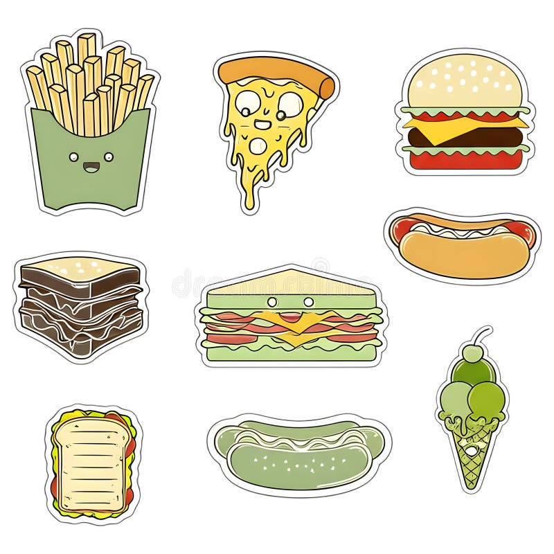 Un ensemble vectoriel isolé d'autocollants de cuisine rapide de dessin animé dans le style de l'image de référence fournie. Foncti illustration stock