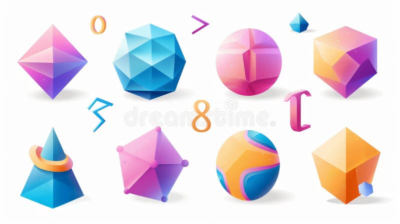 A set of voluminous geometric figures for education: hemisphere, octahedron, sphere and torus, cone, cylinder and pyramid with icosahedron.. AI generated. A set of voluminous geometric figures for education: hemisphere, octahedron, sphere and torus, cone, cylinder and pyramid with icosahedron.. AI generated