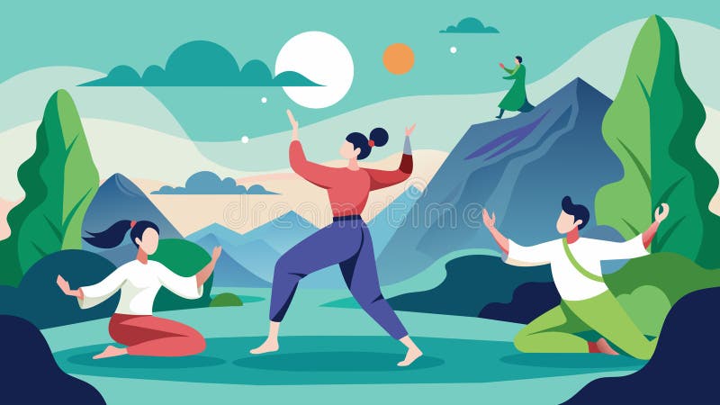 Un entorno pacífico en el que los participantes ejerzan movimientos lentos y deliberados para mejorar la flexibilidad y la calma ilustración del vector