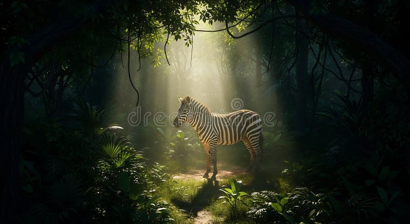 Un Equus quagga de cebra está rodeado por una densa vegetación de selva. Filtros de luz solar libre illustration