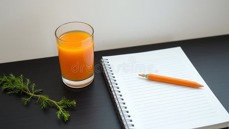 Un escritorio minimalista con un vaso de zumo de naranja de zanahoria y un portátil libre illustration